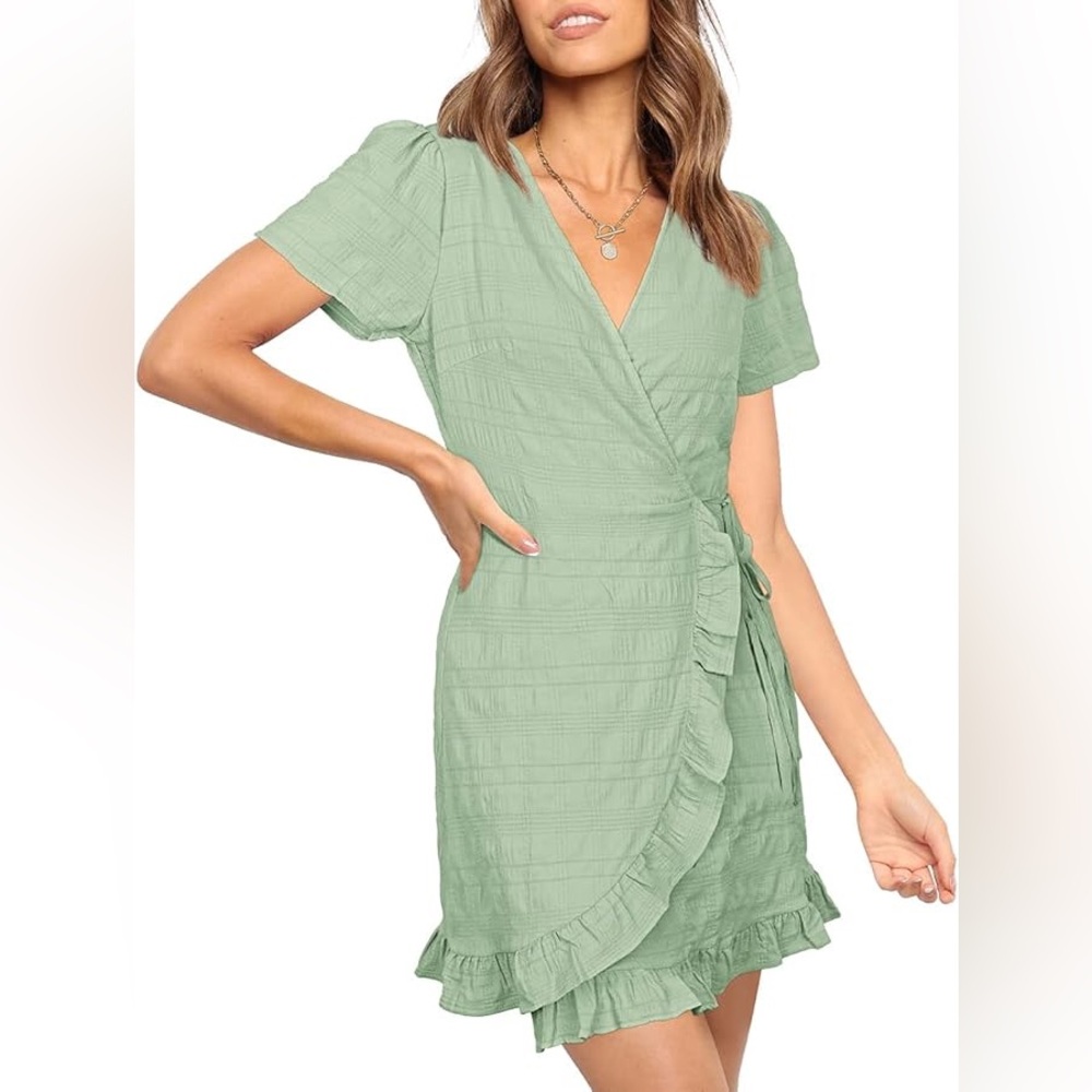 Green wrap v neck dress